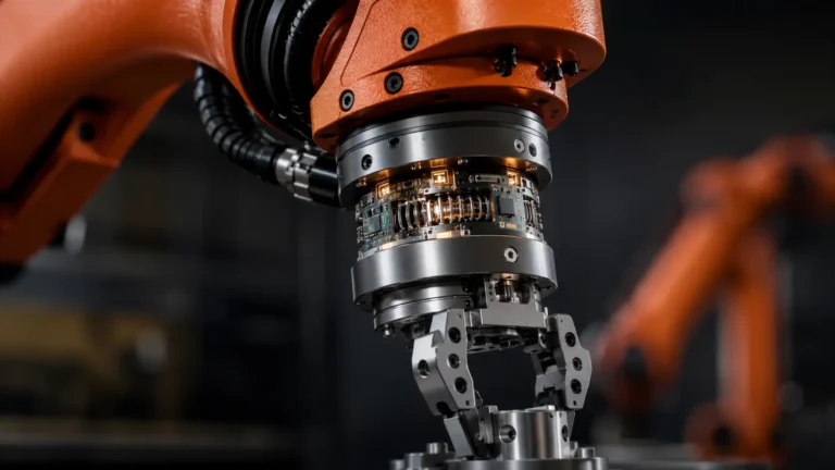 Macro photograph of a force-torque sensor mounted on a modern industrial robotic arm.