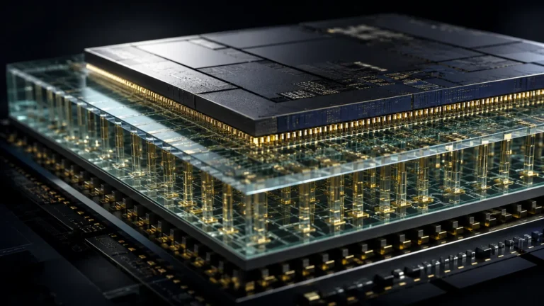Macro photograph of a glass core substrate used in advanced AI microchip packaging.
