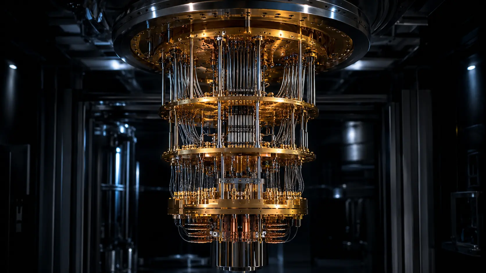 Macro photograph of a gold-plated quantum computing dilution refrigerator cryostat.