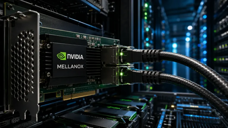 Macro photograph of a high-performance network interface card used for RoCE kernel bypass in AI supercomputers.