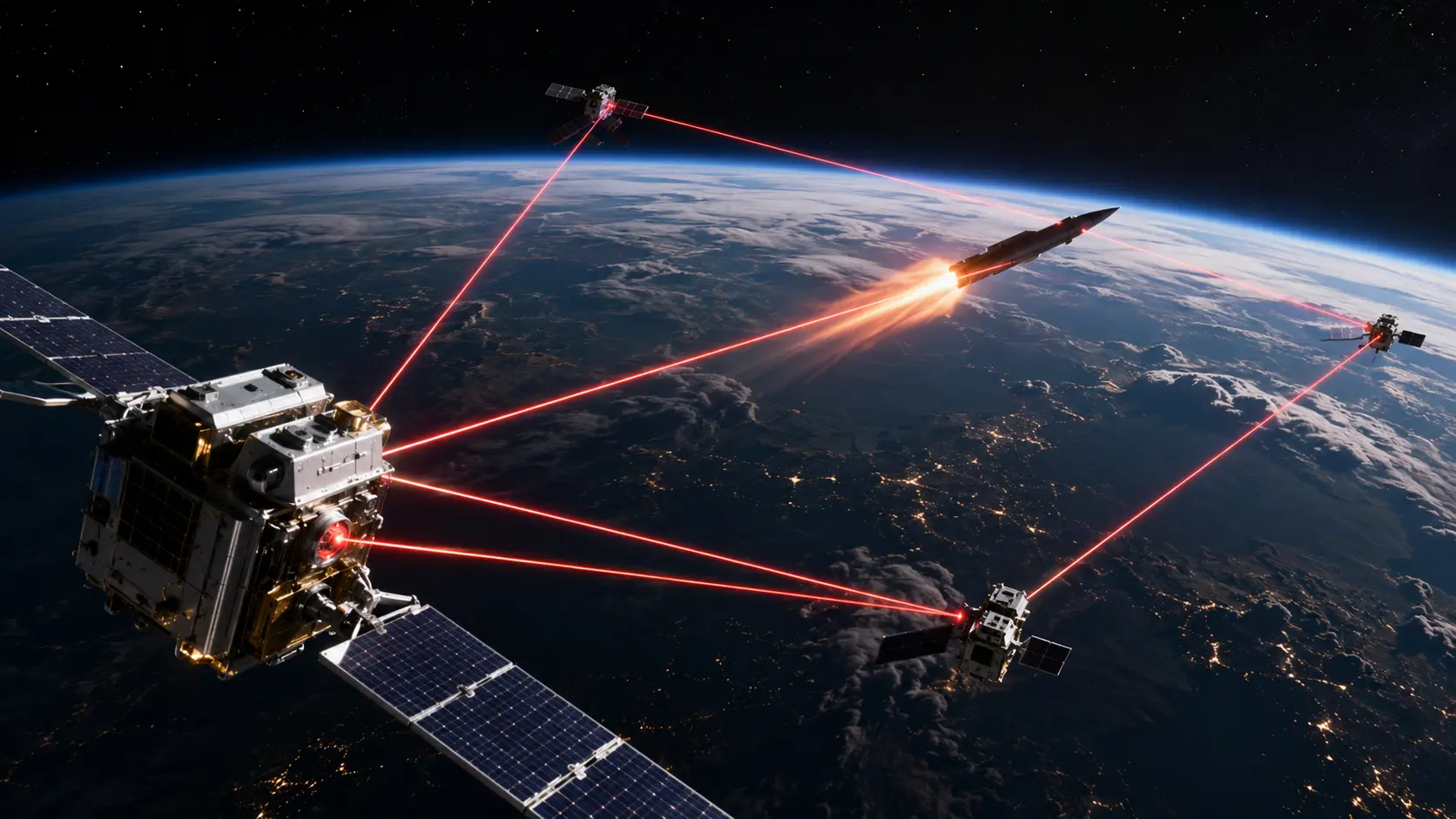 Macro photograph of a satellite optical laser lens used for tracking hypersonic weapons.