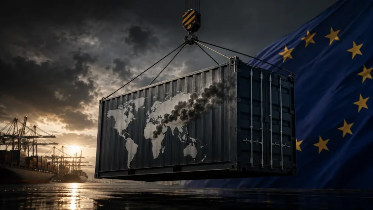 Macro photograph of a steel shipping container representing the Carbon Border Adjustment Mechanism (CBAM) and global trade.