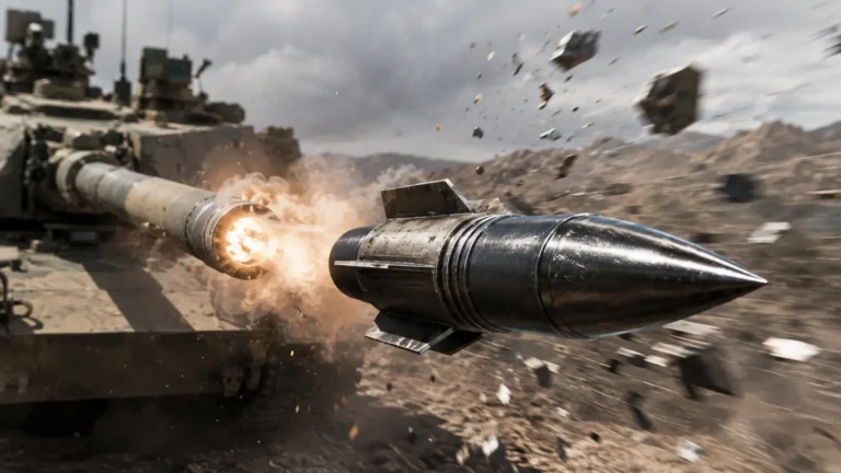 Macro photograph of an APFSDS kinetic energy penetrator dart used in modern anti-tank warfare.