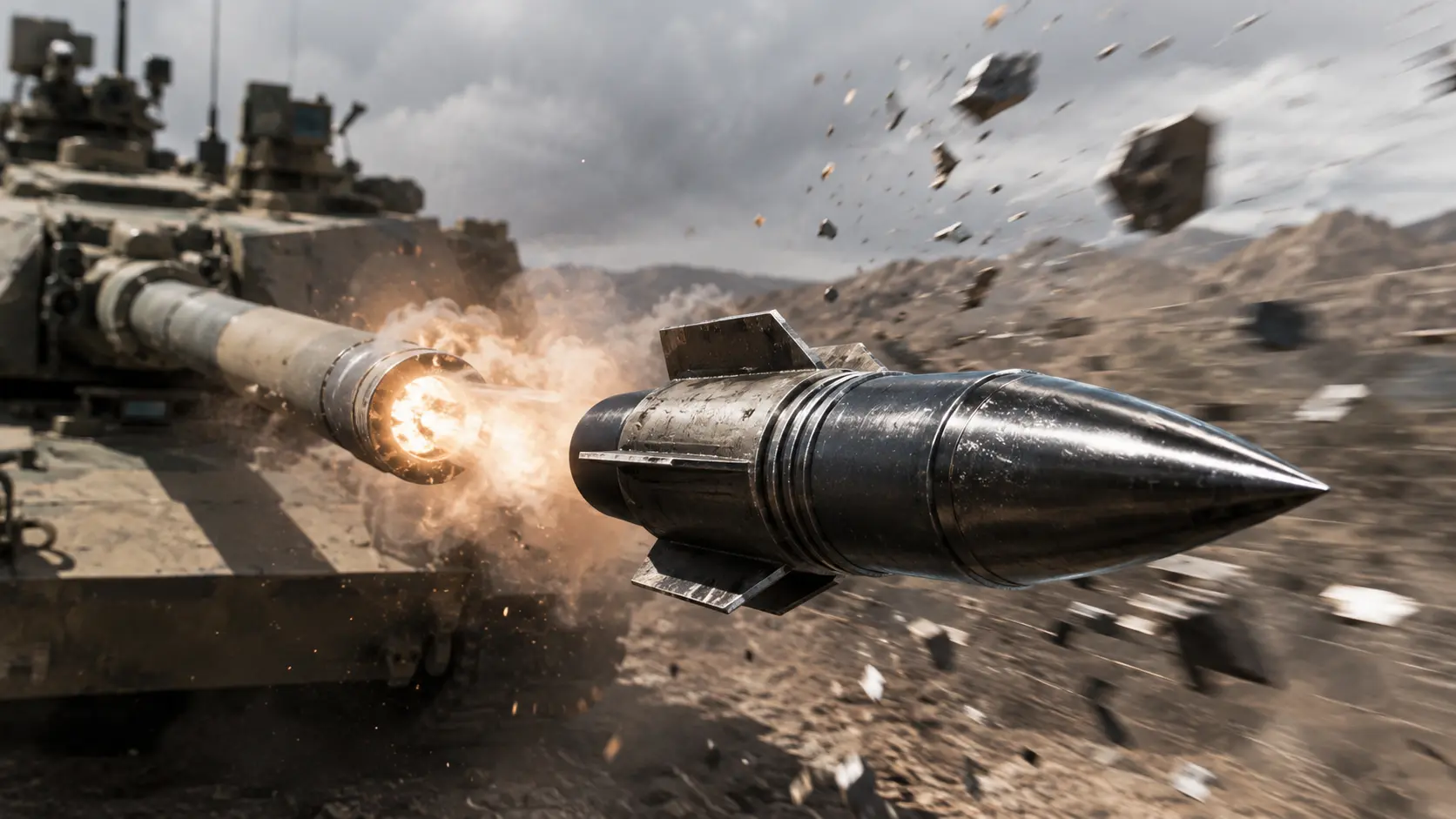 Macro photograph of an APFSDS kinetic energy penetrator dart used in modern anti-tank warfare.