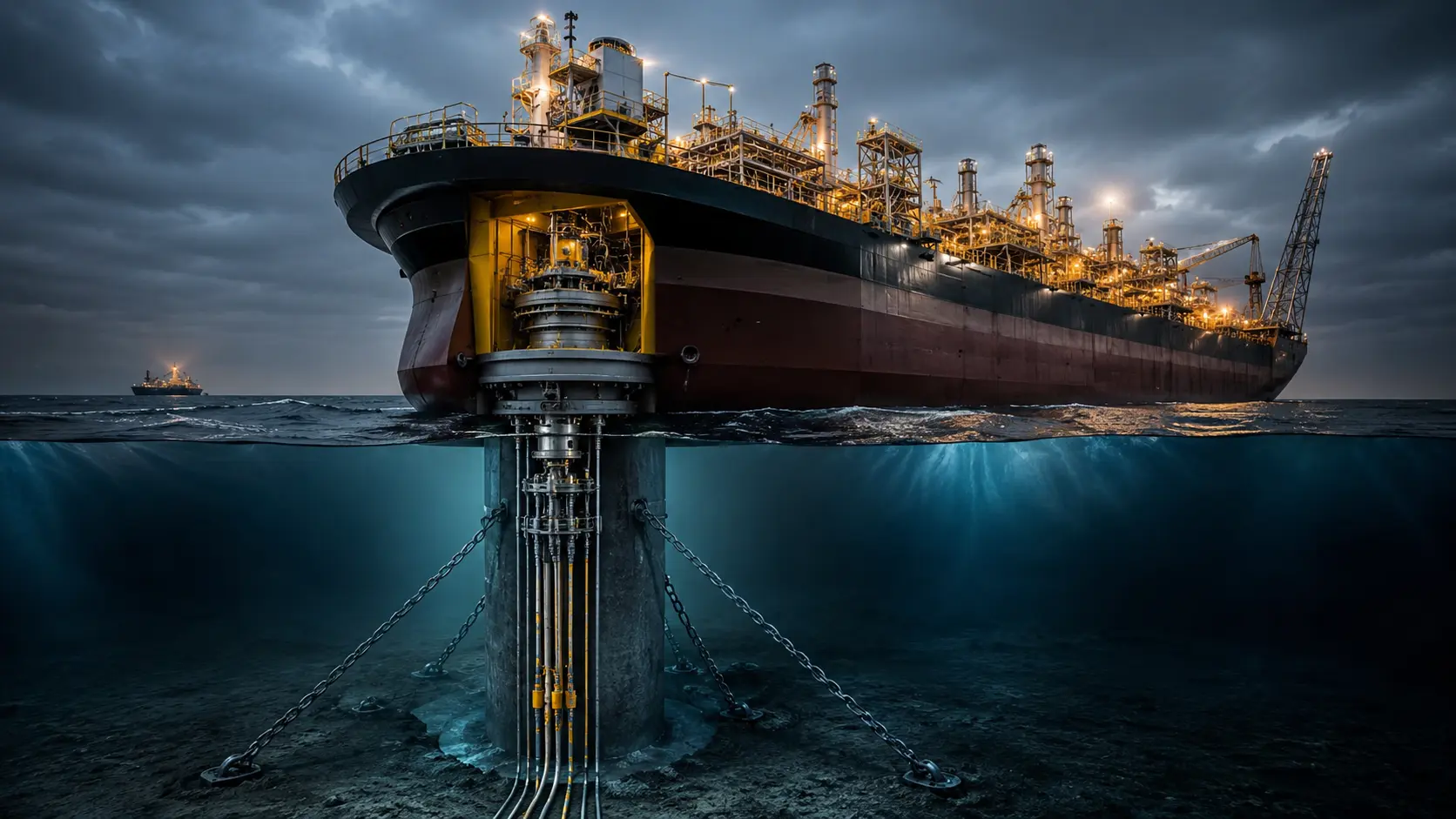 Macro photograph of an FPSO swivel stack and roller bearings representing a turret mooring system.