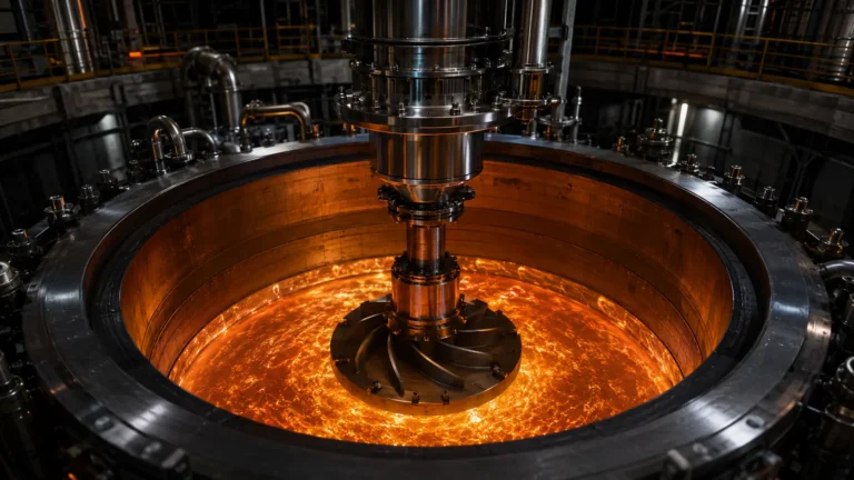 Macro photograph of an extreme-temperature molten salt pump used in next-generation nuclear reactors.