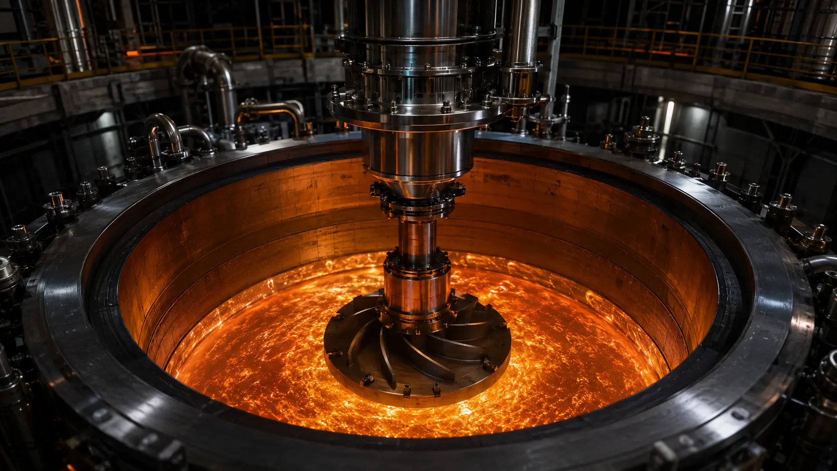 Macro photograph of an extreme-temperature molten salt pump used in next-generation nuclear reactors.