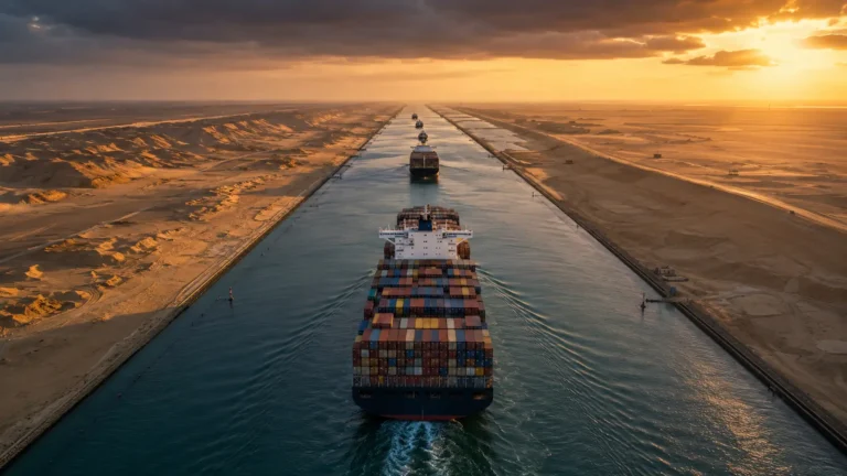 Macro photograph of an ultra-large container ship navigating the narrow hydraulic corridor of the Suez Canal.