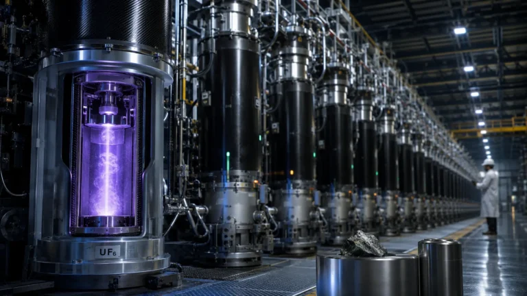 Macro photograph of carbon-fiber gas centrifuges used to enrich HALEU nuclear fuel.