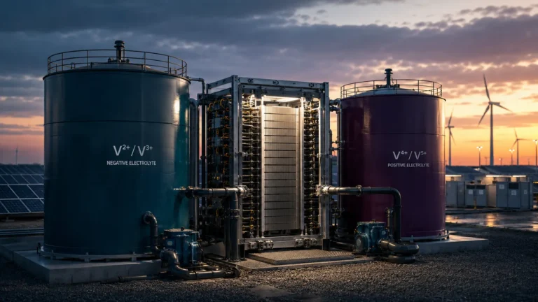 Macro photograph of heavy-duty industrial pumps and liquid electrolyte tanks for a flow battery.