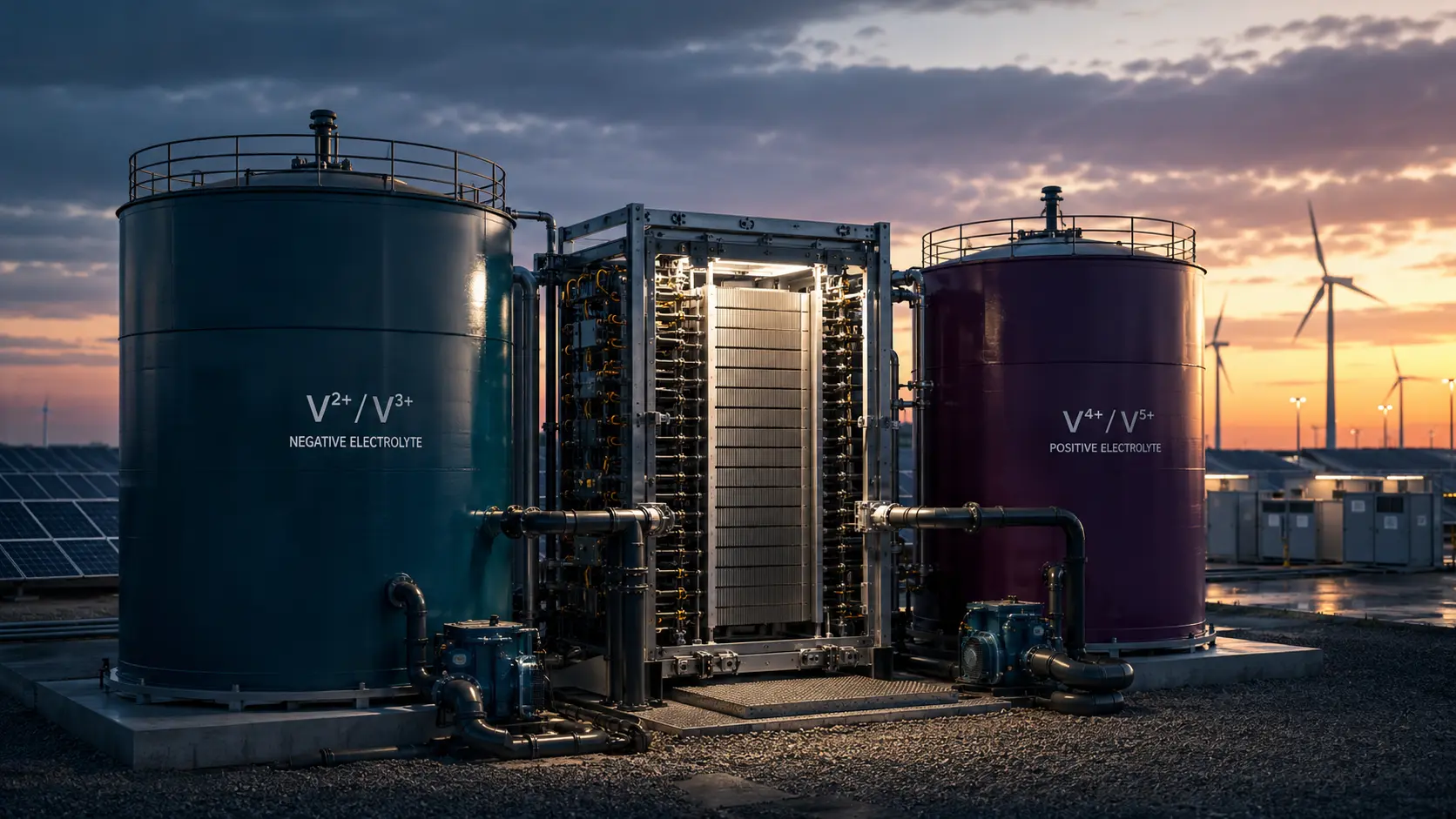Macro photograph of heavy-duty industrial pumps and liquid electrolyte tanks for a flow battery.