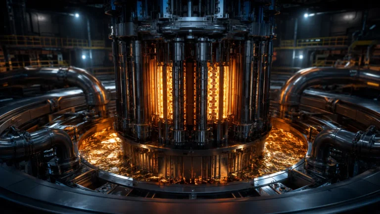 Macro photograph of hexagonal nuclear fuel assemblies representing a fast breeder reactor core.
