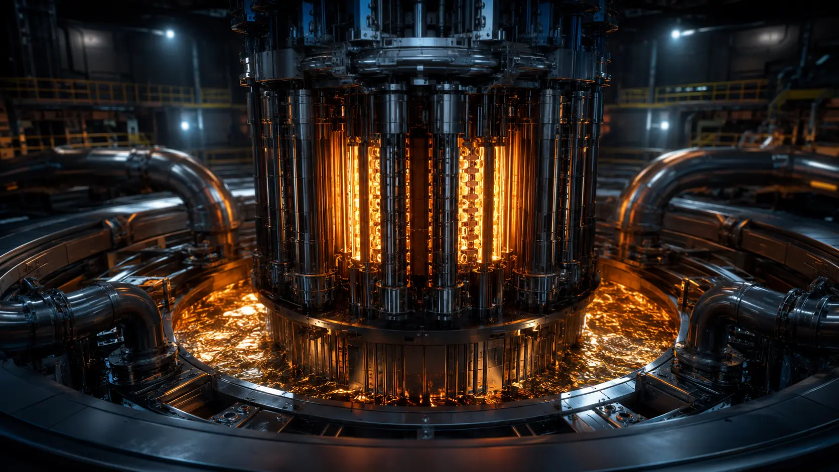 Macro photograph of hexagonal nuclear fuel assemblies representing a fast breeder reactor core.