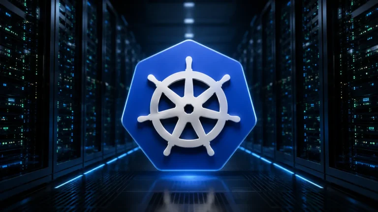 Macro photograph of high-density server racks and fiber optic cables running a Kubernetes cluster.