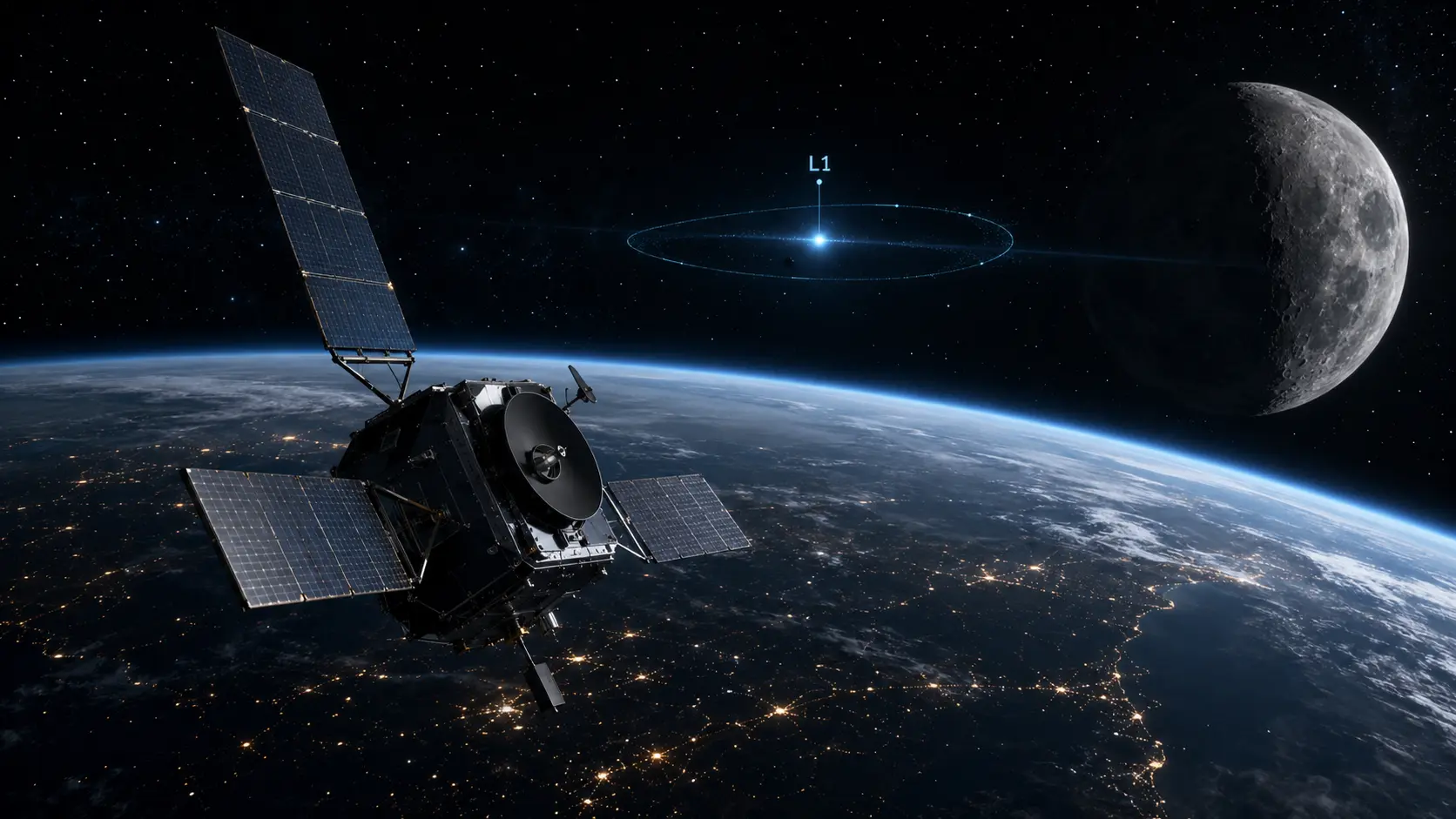 Macro photograph of satellite hardware representing a cislunar Lagrange point orbit.