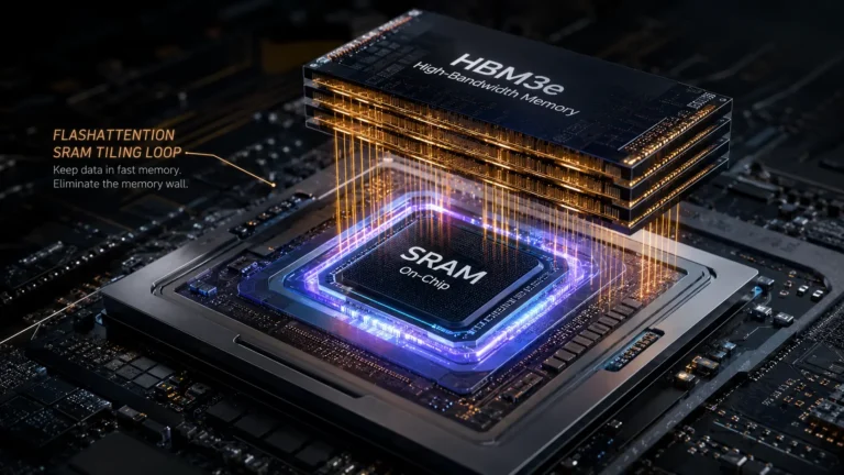 Macro render of a GPU silicon die demonstrating the physical memory wall bottleneck.
