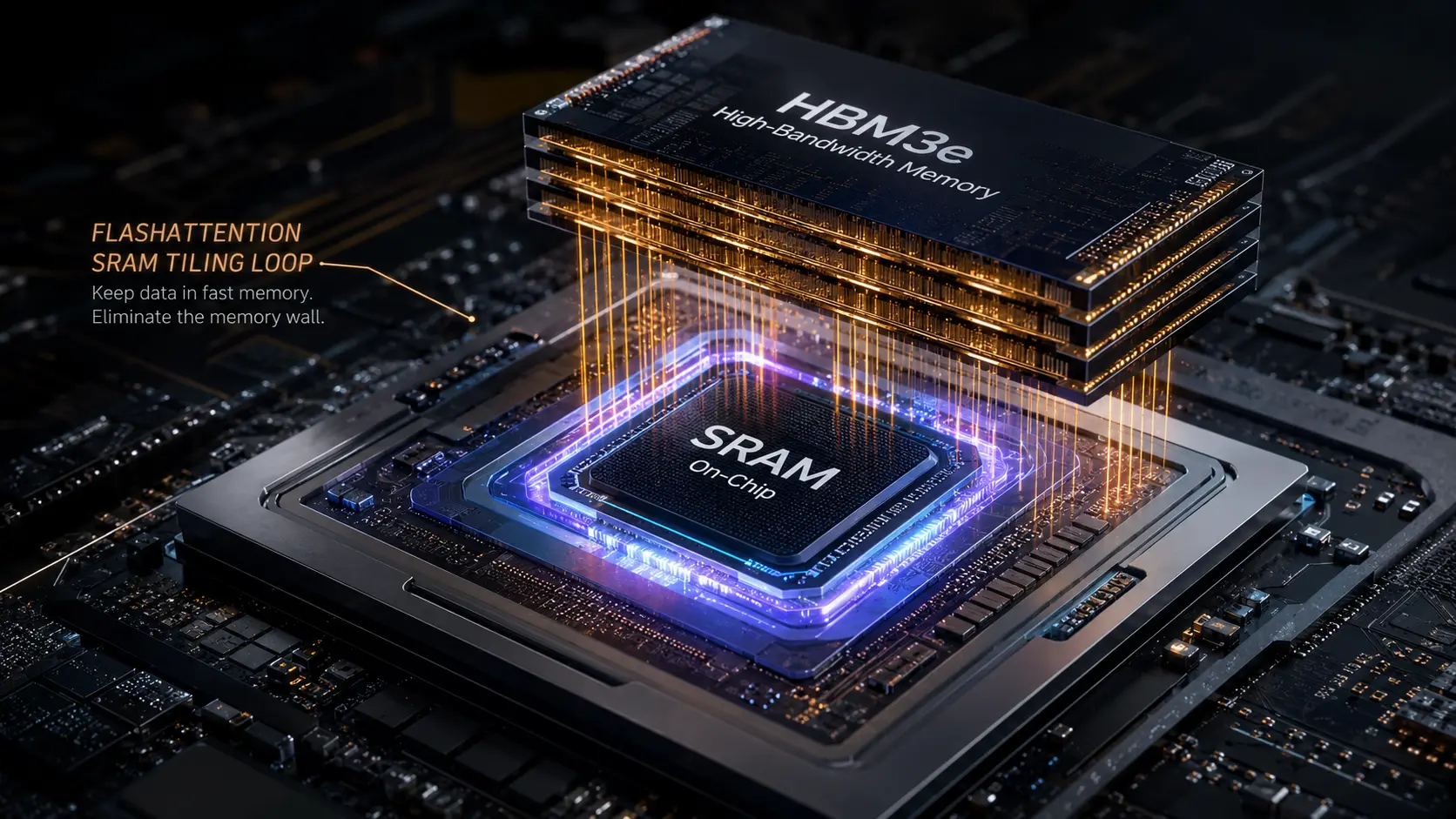 Macro render of a GPU silicon die demonstrating the physical memory wall bottleneck.