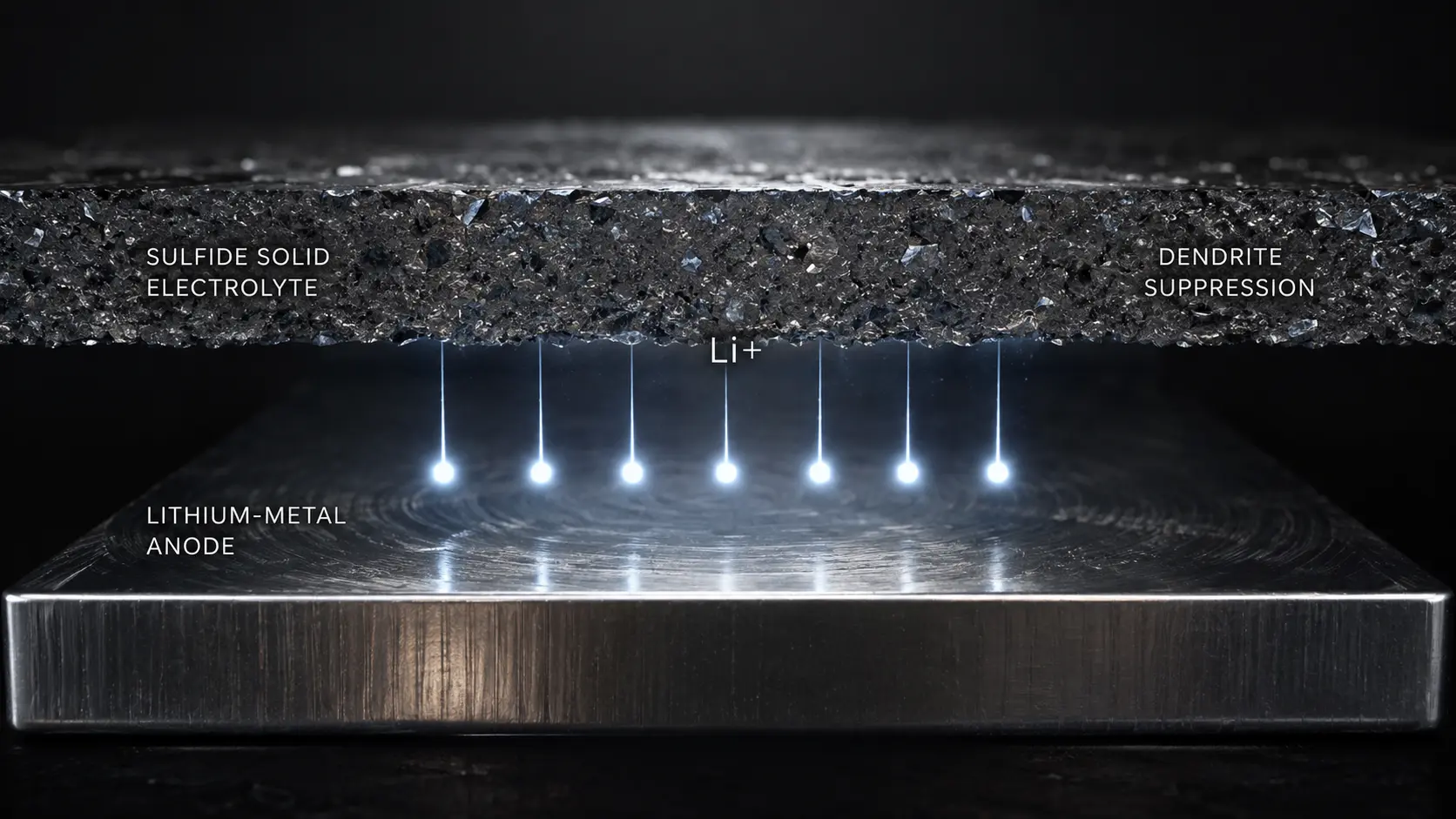 Macro render of a solid-state sulfide electrolyte physically blocking lithium dendrite growth.