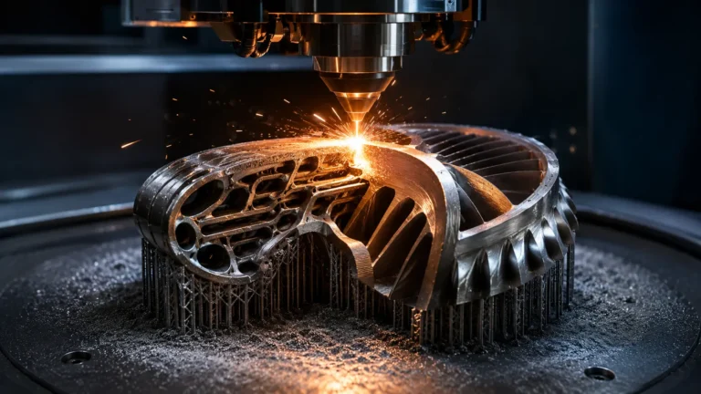 Metal 3D Printing A cinematic macro visualization of a high-powered laser melting titanium powder in a powder bed fusion printer.