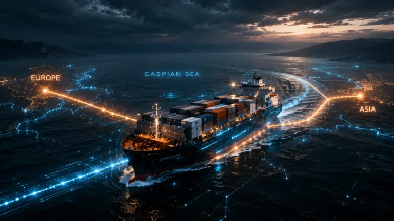 Middle Corridor: A cinematic visualization of a cargo ferry crossing the Caspian Sea on the Trans-Caspian International Transport Route.