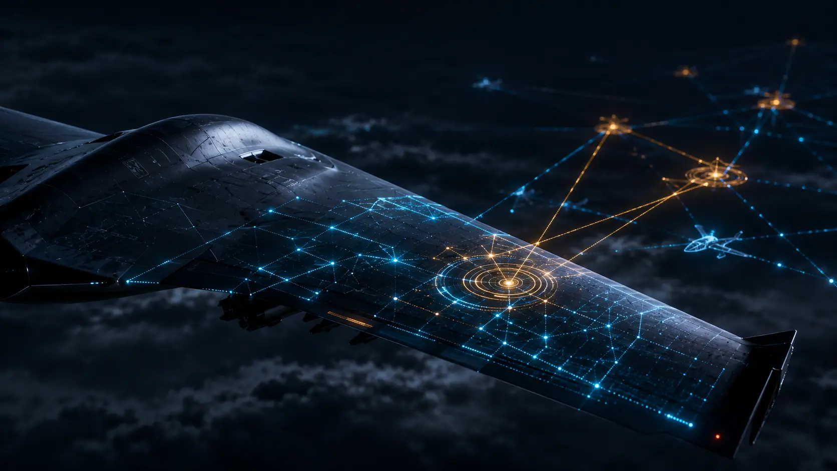 Multi-Domain Operations A cinematic visualization of a military drone connected to an AI-driven tactical data mesh.