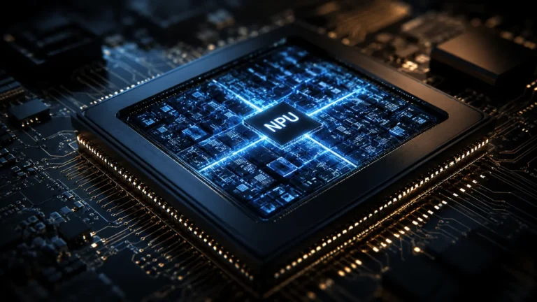 Neural Processing Unit A cinematic macro visualization of a dedicated NPU glowing on a modern System-on-Chip.