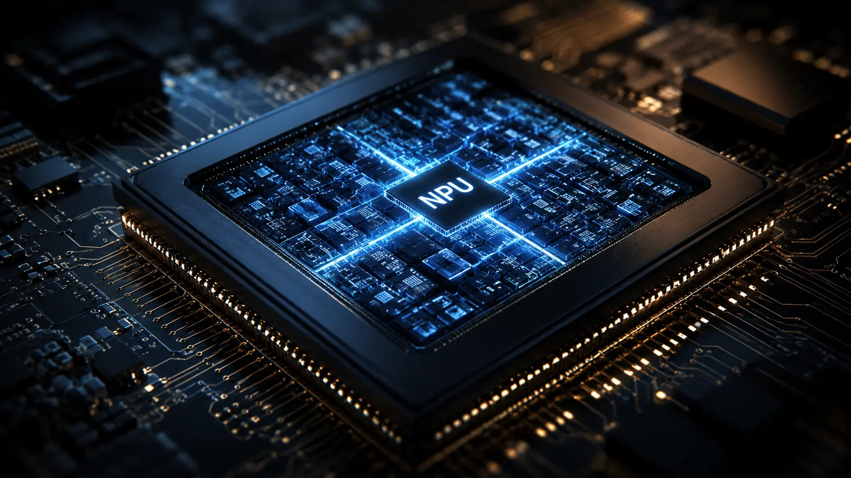 Neural Processing Unit A cinematic macro visualization of a dedicated NPU glowing on a modern System-on-Chip.