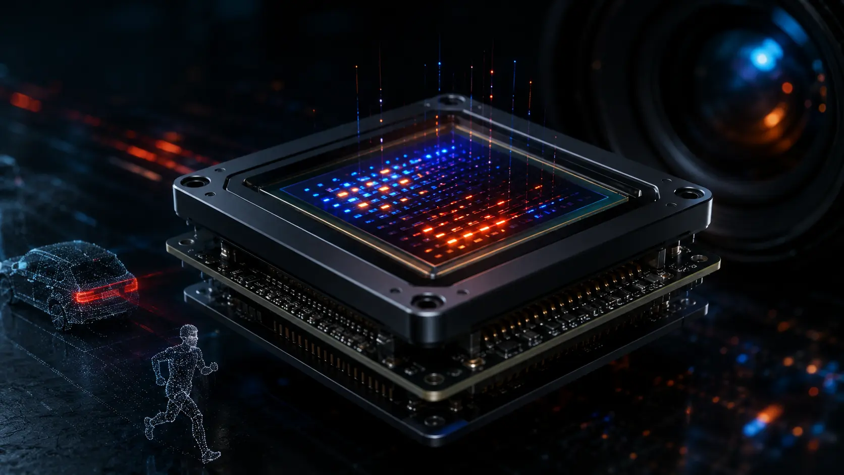 Neuromorphic Vision Sensors A cinematic macro view of an event-based camera sensor tracking asynchronous motion data.