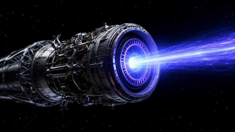 Nuclear Thermal Propulsion A cinematic visualization of a nuclear rocket engine firing superheated hydrogen in deep space.