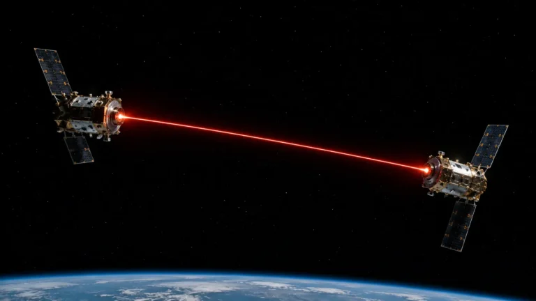Optical Inter-Satellite Links A photorealistic orbital shot of two satellites connected by a highly focused laser beam in the vacuum of space.
