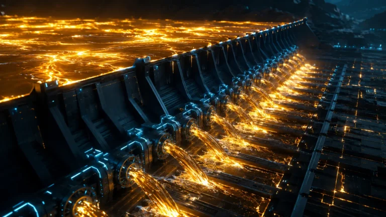 Overnight Reverse Repo A cinematic visualization of a centralized mechanical dam managing an ocean of glowing digital liquidity.