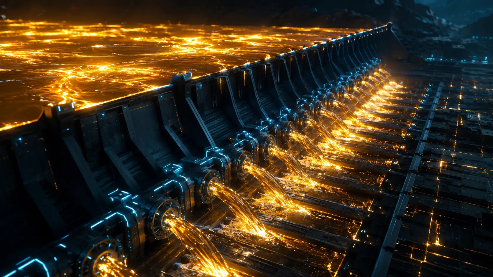 Overnight Reverse Repo A cinematic visualization of a centralized mechanical dam managing an ocean of glowing digital liquidity.