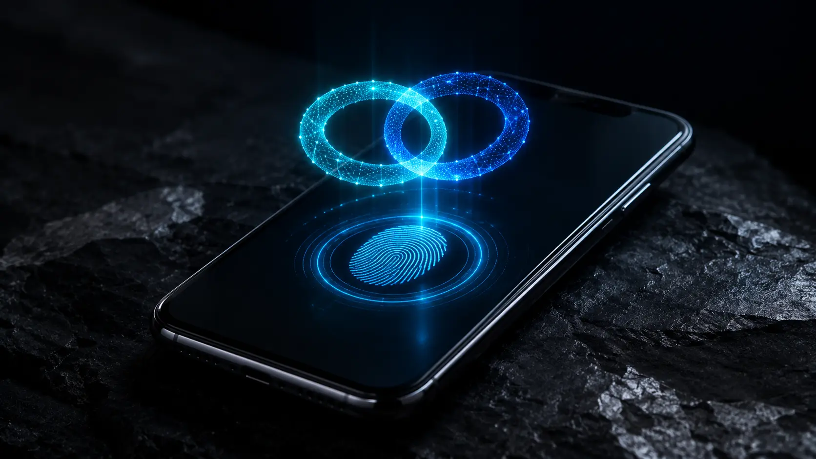 Passkeys A cinematic macro visualization of FIDO2 biometric authentication and asymmetric public-key cryptography on a smartphone.