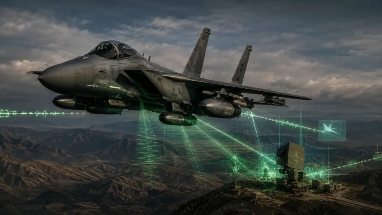 Premium render inside an electronic warfare lab visualizing a fighter jet projecting phantom targets via DRFM jamming.