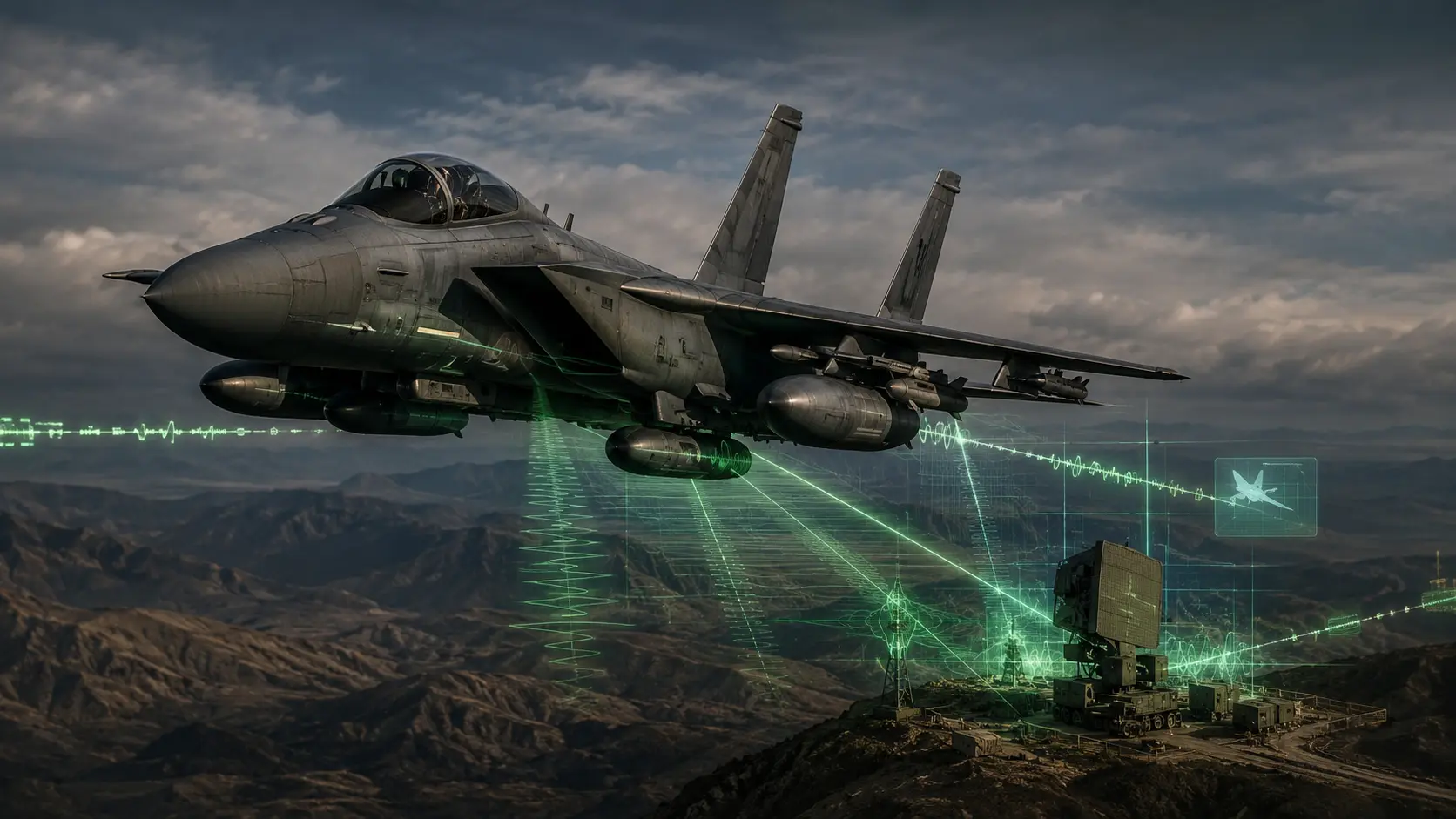Premium render inside an electronic warfare lab visualizing a fighter jet projecting phantom targets via DRFM jamming.
