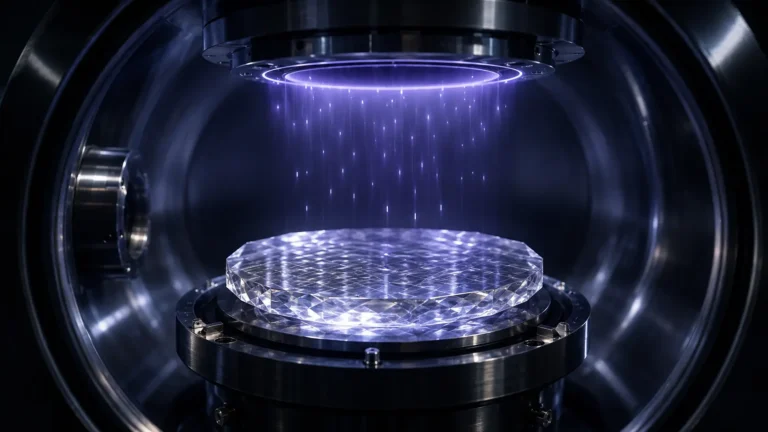 Printed Diamonds A cinematic macro view of a flawless CVD diamond semiconductor wafer glowing inside a vacuum chamber.