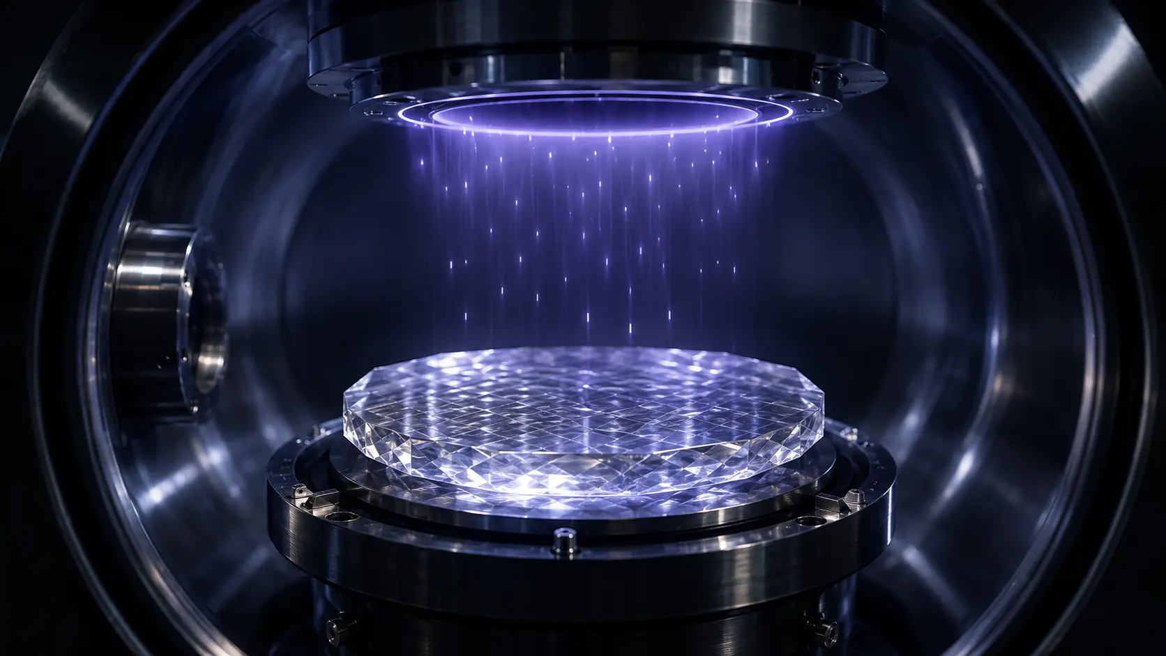 Printed Diamonds A cinematic macro view of a flawless CVD diamond semiconductor wafer glowing inside a vacuum chamber.