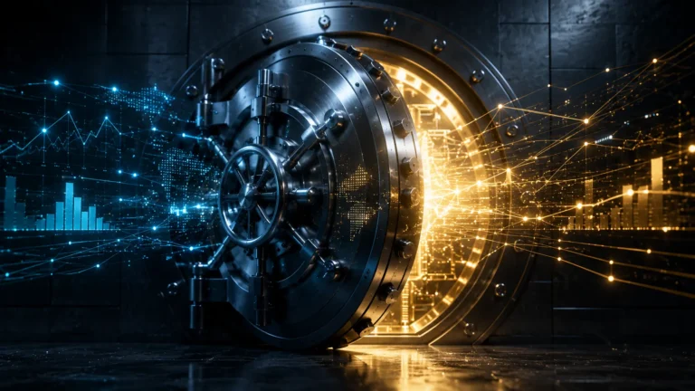 Private Credit Secondaries A cinematic visualization of a heavy steel vault opening, representing the unlocking of illiquid private debt.