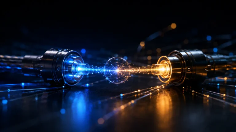 Quantum Key Distribution A cinematic macro view of single photons transmitting securely through a glowing fiber-optic cable.