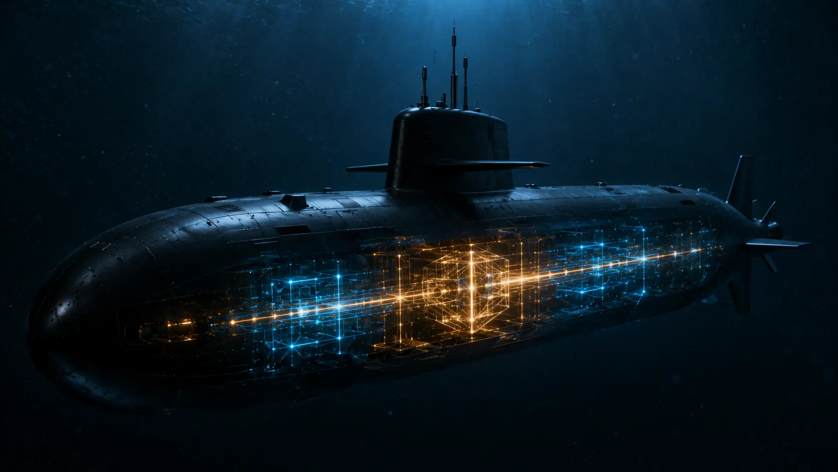 Quantum Navigation A cinematic visualization of an autonomous military submarine utilizing internal quantum sensors to navigate the deep ocean.