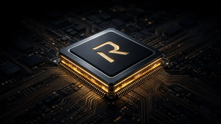 RISC-V Architecture A macro view of a modular, glowing silicon microchip connecting to custom circuit modules.