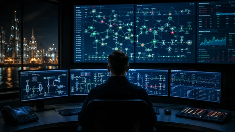 SCADA Systems A cinematic view of a glowing digital telemetry dashboard superimposed over heavy industrial infrastructure.