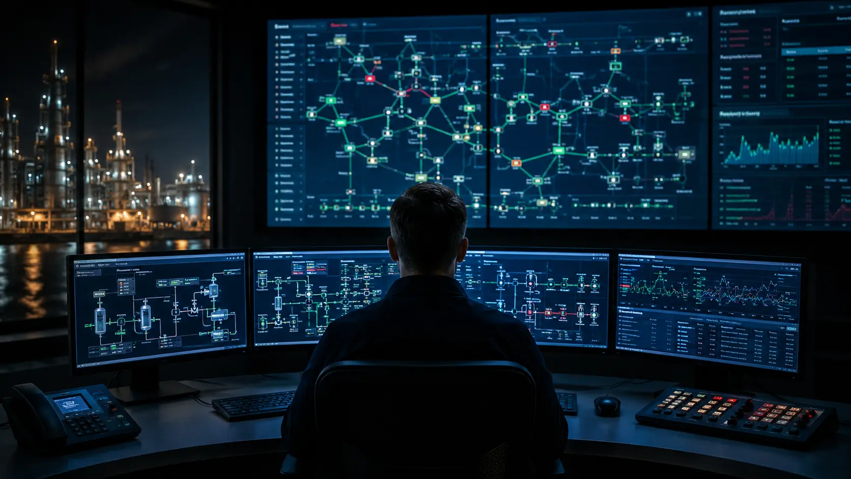 SCADA Systems A cinematic view of a glowing digital telemetry dashboard superimposed over heavy industrial infrastructure.