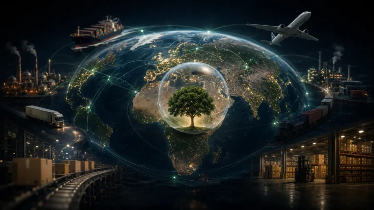Scope 3 Emissions A cinematic visualization of a digital carbon accounting ledger tracking a global supply chain.