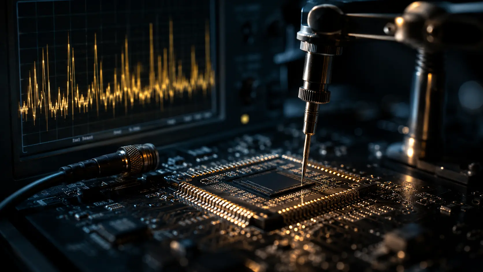 Side-Channel Attacks A cinematic macro view of electromagnetic waves and power consumption spikes radiating off a silicon microchip.