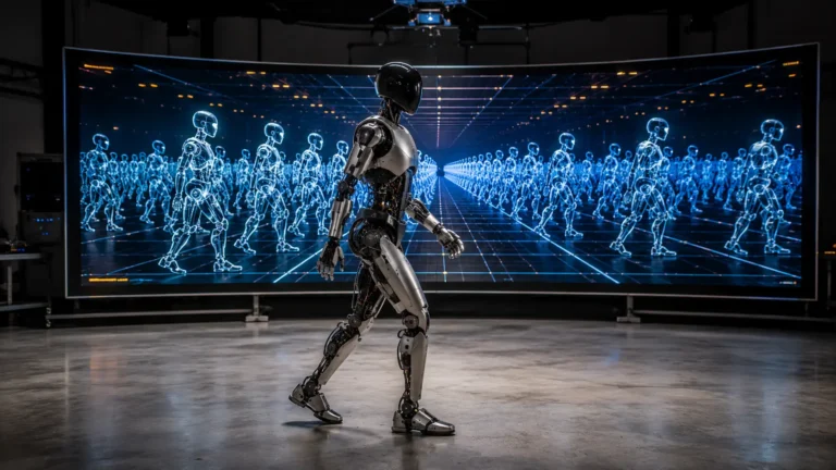 Sim-to-Real transfer: A photorealistic shot of a humanoid robot walking in a laboratory with thousands of simulated digital copies displayed on a massive screen behind it.