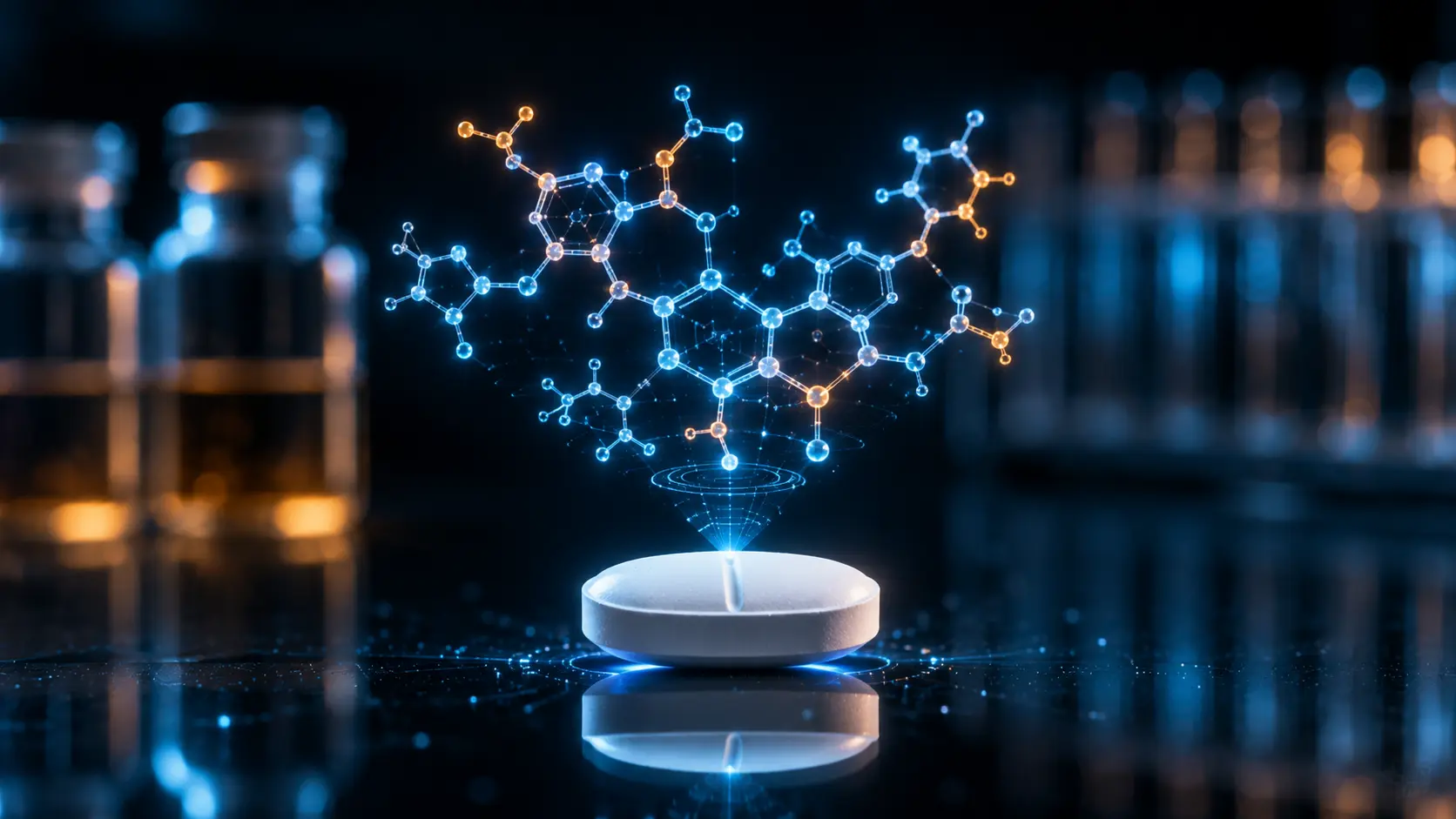 Small-Molecule GLP-1s A cinematic macro visualization of a pharmaceutical pill emitting a glowing holographic chemical molecule.
