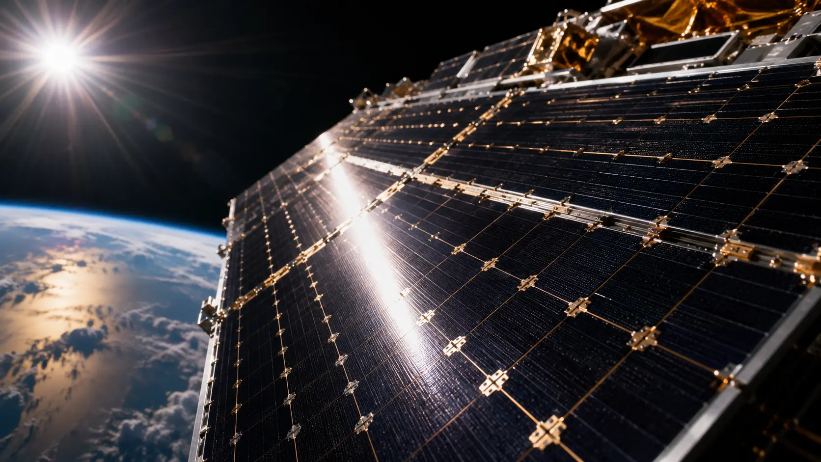 Space-Grade Solar Panels A cinematic macro view of a Gallium Arsenide multi-junction cell array in Earth orbit.