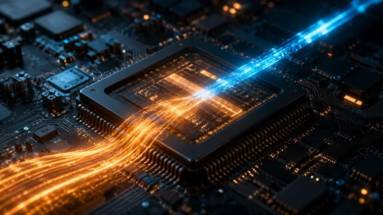 Speculative decoding A cinematic visualization of a fast draft model accelerating a massive target model on an AI microchip.