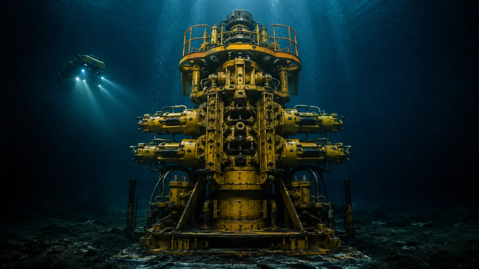 Subsea Blowout Preventers A cinematic deep-ocean view of a massive BOP stack illuminated by ROV lights on the seafloor.